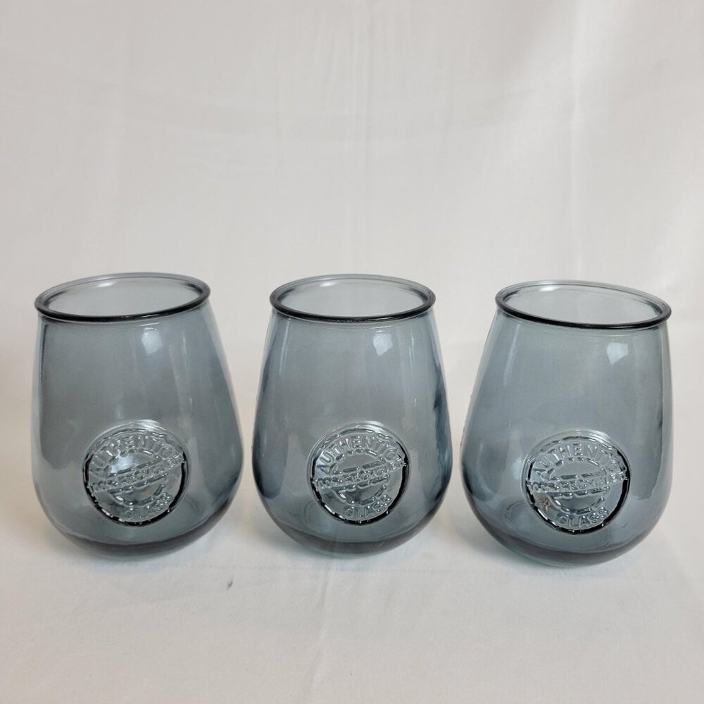 3 San Miguel Authentic 100% Recycled Blue/Green Glass Stemless Goblets Tumblers